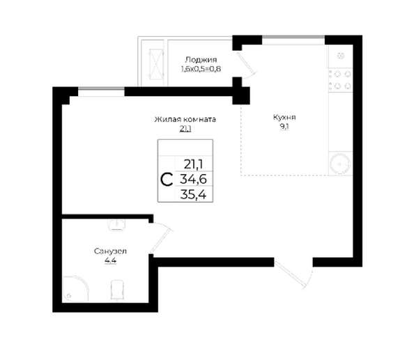 Планировка Студия 35,4 м²