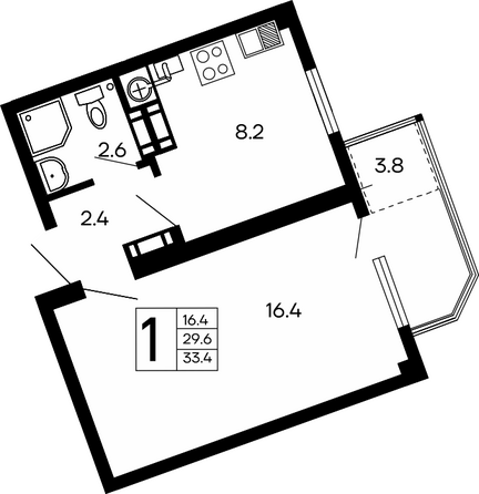Планировка 1-комн 33,4 м²
