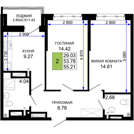 Планировка 2-комн 55,21 м²