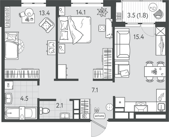 Планировка 2-комн 58,4 м²