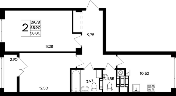 Планировка 2-комн 57,15 - 59,1 м²