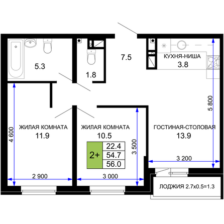 Планировка 2-комн 56 м²