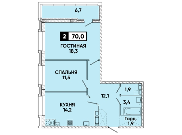 Планировка 2-комн 70 м²