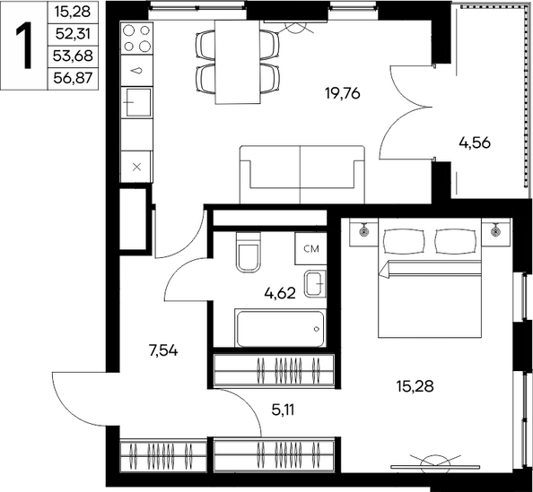 Планировка 1-комн 56,87 м²
