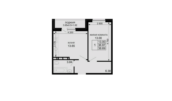 Планировка 1-комн 38,69 м²