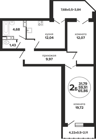 Планировка 2-комн 65,86, 66,93 м²