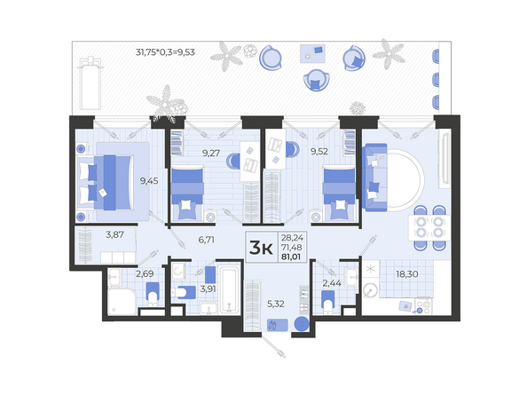 Планировка 3-комн 81,01 м²