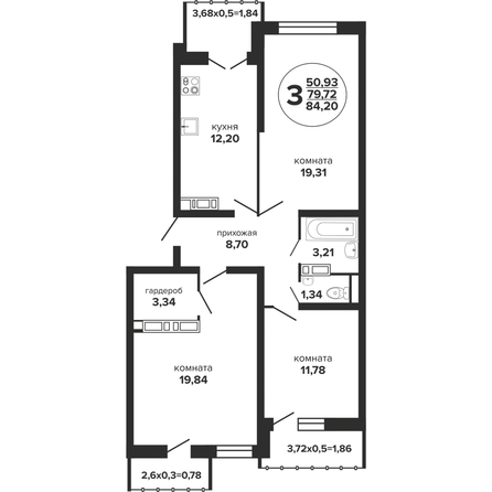 Планировка 3-комн 84,2 м²