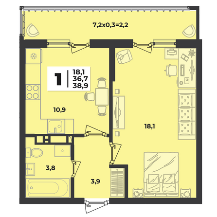 Планировка 1-комн 38,9 м²