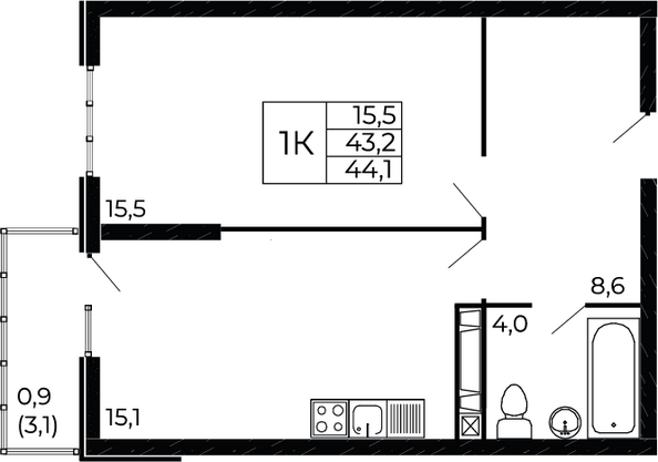 Планировка 1-комн 44,1 м²