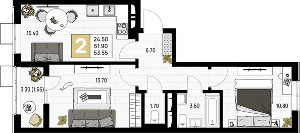 Планировка 2-комн 53,55 м²