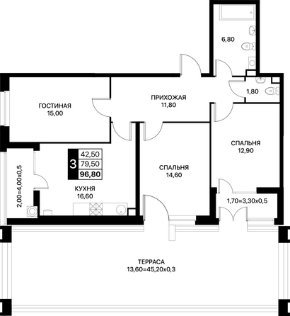 Планировка 3-комн 96,8 м²