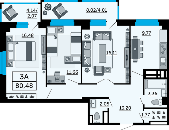 Планировка 3-комн 80,48 м²