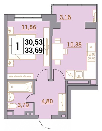 Планировка 1-комн 33,69 м²