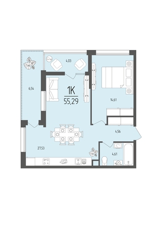 Планировка 1-комн 55,29 м²