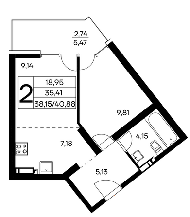 Планировка 2-комн 40,88 - 41,36 м²