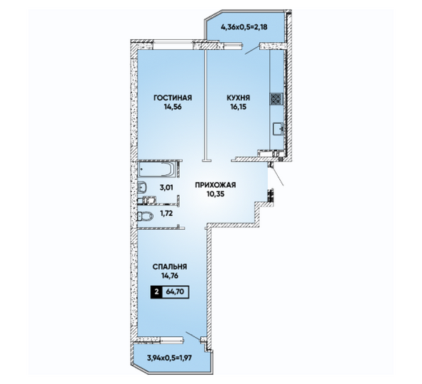 Планировка 2-комн 64,7 м²