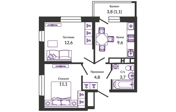 Планировка 2-комн 42,9, 43,4 м²