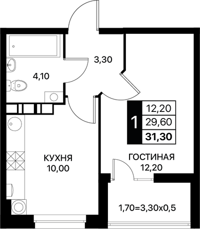 Планировка 1-комн 31,3 м²