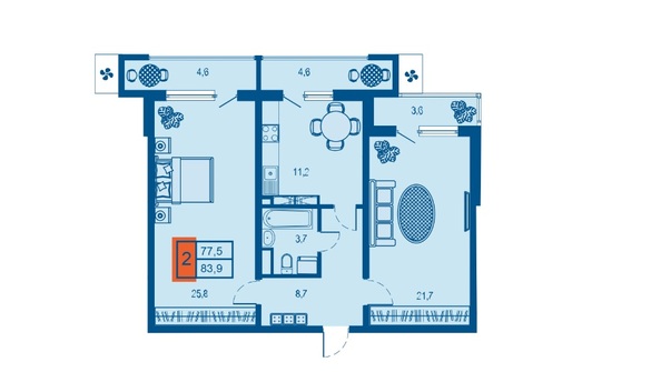 Планировка 2-комн 83,9 м²