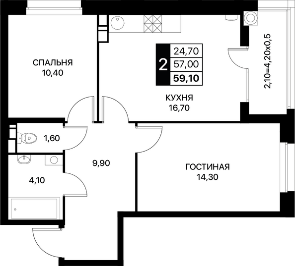 Планировка 2-комн 59,1 м²