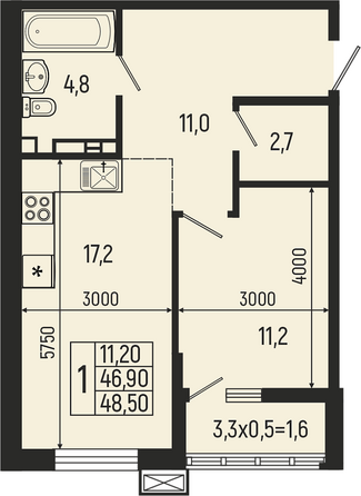 Планировка 1-комн 48,5 м²