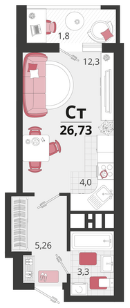 Планировка 1-комн 26,74 м²