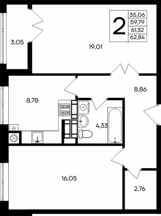 Планировка 2-комн 62,84, 63,13 м²