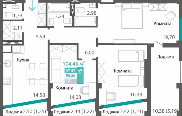 Планировка 3-комн 95,08 - 95,56 м²