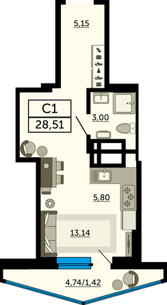 Планировка Студия 28,51 м²