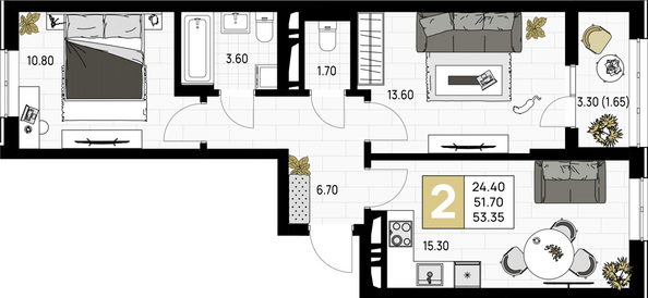 Планировка 2-комн 53,35 м²