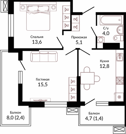 Планировка 2-комн 54,8 м²