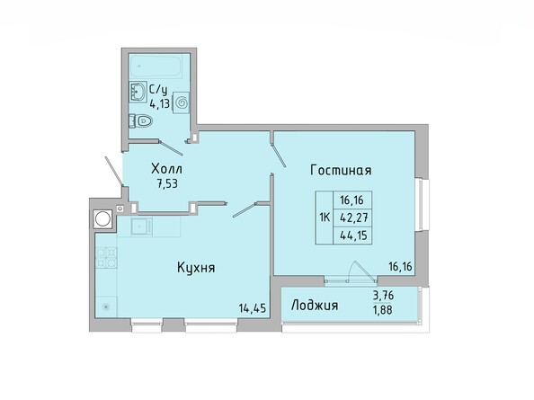 Планировка 1-комн 37,76 - 44,15 м²