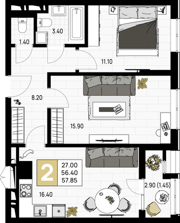 Планировка 2-комн 57,85 м²