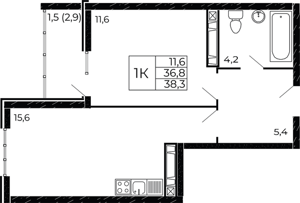 Планировка 1-комн 38,3 м²