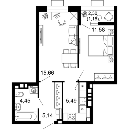 Планировка 2-комн 43,47 м²