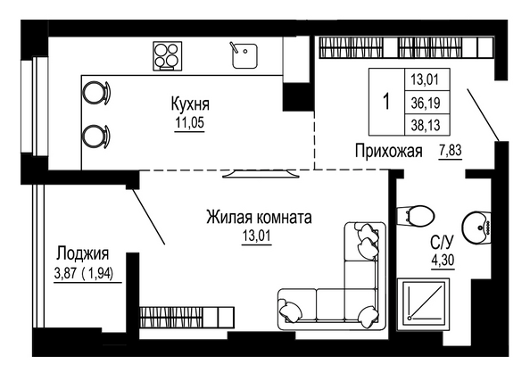 Планировка 1-комн 38,17 м²