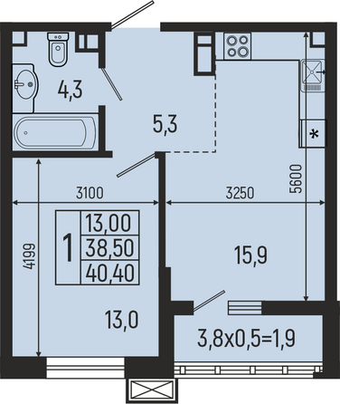 Планировка 1-комн 40,4 м²