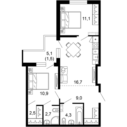 Планировка 2-комн 58,7 м²