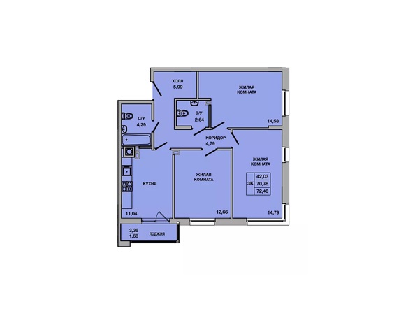 Планировка 3-комн 72,46 м²