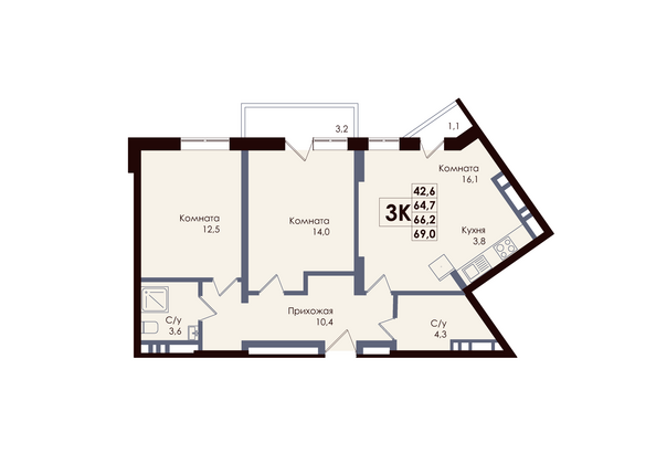 Планировка 3-комн 66,2 м²