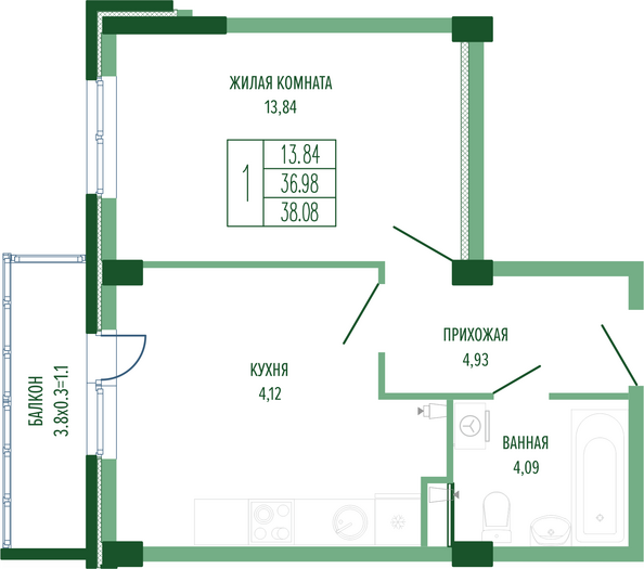 Планировка 1-комн 38,08 м²