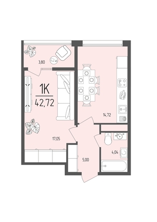 Планировка 1-комн 42,72 м²