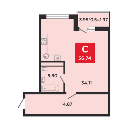 Планировка Студия 56,74 м²