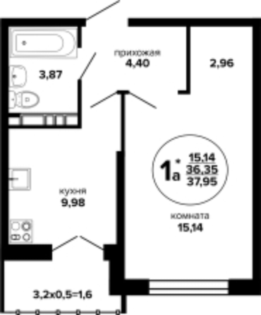 Планировка 1-комн 37,95 м²