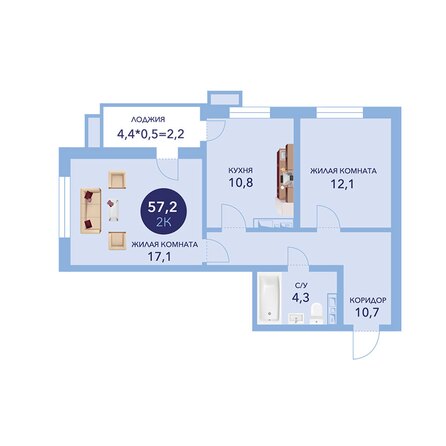 Планировка 2-комн 57,2 м²