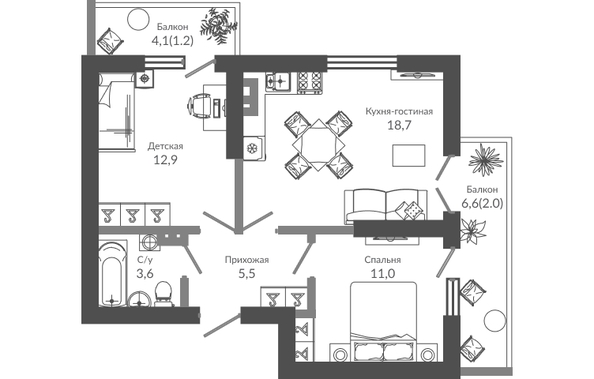 Планировка 2-комн 54,9 м²