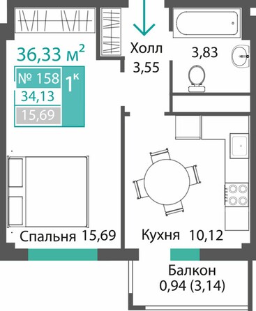 Планировка 1-комн 34,13 м²