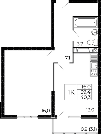 Планировка 1-комн 40,3 м²