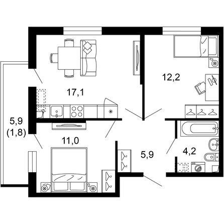 Планировка 2-комн 51,5, 52,2 м²